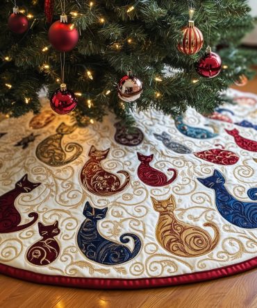 Red & Cream Swirl Cat Christmas Tree Skirt — Handcrafted Quilted Holiday Tree Base For Cat Lovers, Festive Decor