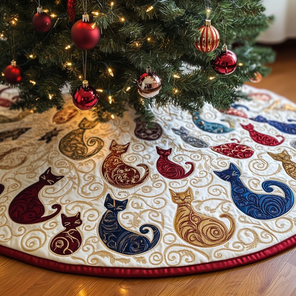 Red & Cream Swirl Cat Christmas Tree Skirt — Handcrafted Quilted Holiday Tree Base For Cat Lovers, Festive Decor