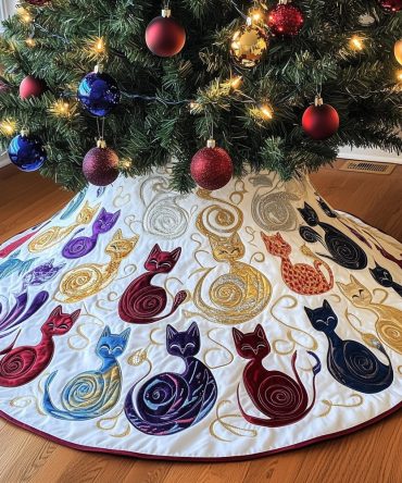 Purple & Navy Swirl Cat Christmas Tree Skirt — Handcrafted Quilted Holiday Tree Base With Playful Cat Motif