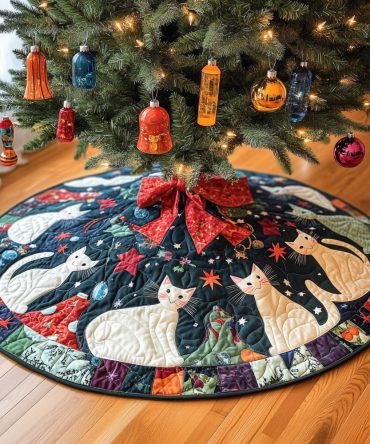 Navy & Red Patchwork Cat Christmas Tree Skirt — Handmade Quilted Holiday Tree Base, Colorful Cat Lover Decor