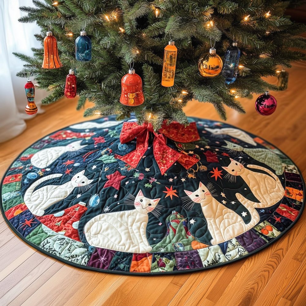 Navy & Red Patchwork Cat Christmas Tree Skirt — Handmade Quilted Holiday Tree Base, Colorful Cat Lover Decor