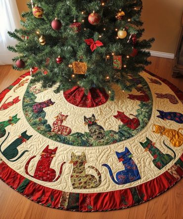 Patterned Cat Cream Wedge Holiday Tree Skirt — Handmade Quilted Christmas Tree Base, Unique Cat Lover Decor