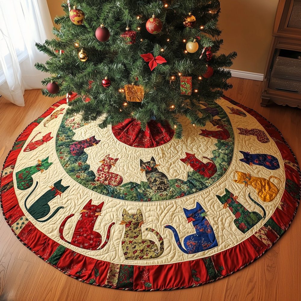 Patterned Cat Cream Wedge Holiday Tree Skirt — Handmade Quilted Christmas Tree Base, Unique Cat Lover Decor