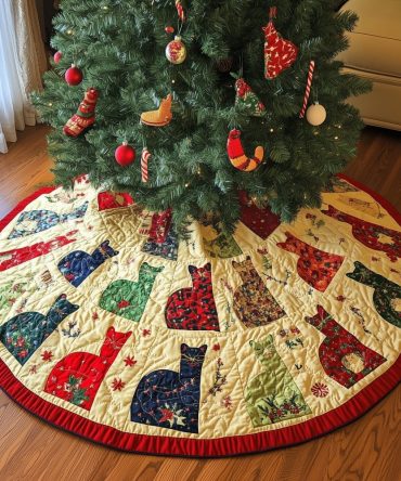 Custom Red & Green Cat Wedge Christmas Tree Skirt — Handmade Quilted Holiday Tree Base, Ideal Cat Lover Gift