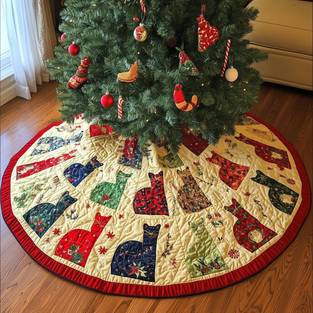 Custom Red & Green Cat Wedge Christmas Tree Skirt — Handmade Quilted Holiday Tree Base, Ideal Cat Lover Gift
