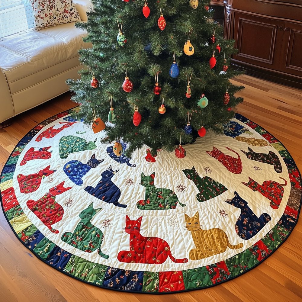 Handmade Cream & Blue Cat Wedge Christmas Tree Skirt — Custom Quilted Holiday Tree Base Cover, Pet Lover Gift
