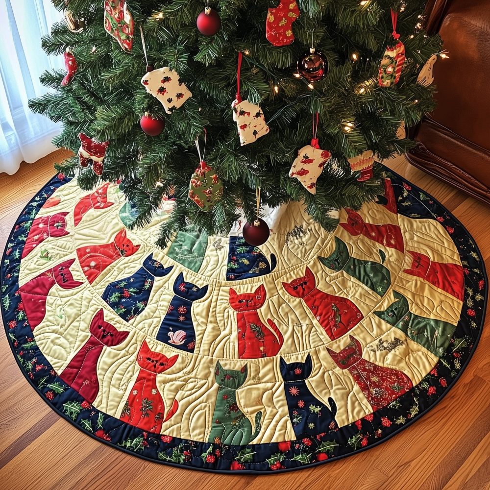 Red, Cream & Navy Wedge Cats Tree Skirt — Made-To-Order Patchwork Cat Christmas Skirt With Bold Colors, Ideal For Playful Holiday Styling