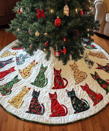 Print Cats On White Wedges Tree Skirt — Made-To-Order Cat Lover Christmas Skirt With Playful Feline Pattern, Perfect Gift For Cat Homes