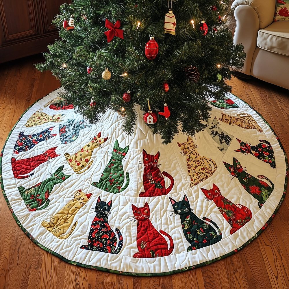 Print Cats On White Wedges Tree Skirt — Made-To-Order Cat Lover Christmas Skirt With Playful Feline Pattern, Perfect Gift For Cat Homes
