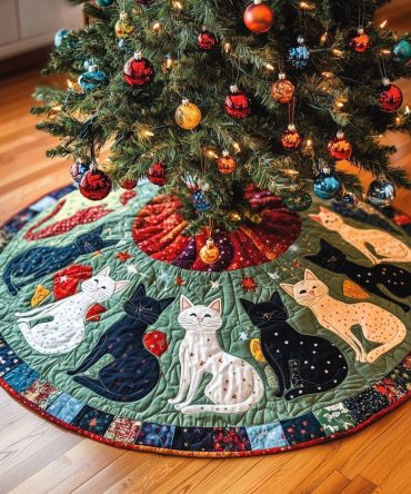White Cat Amid Navy Patchwork Cats Tree Skirt — Made-To-Order Quilted Holiday Skirt For Cat Lovers, Stylish Navy And White Design