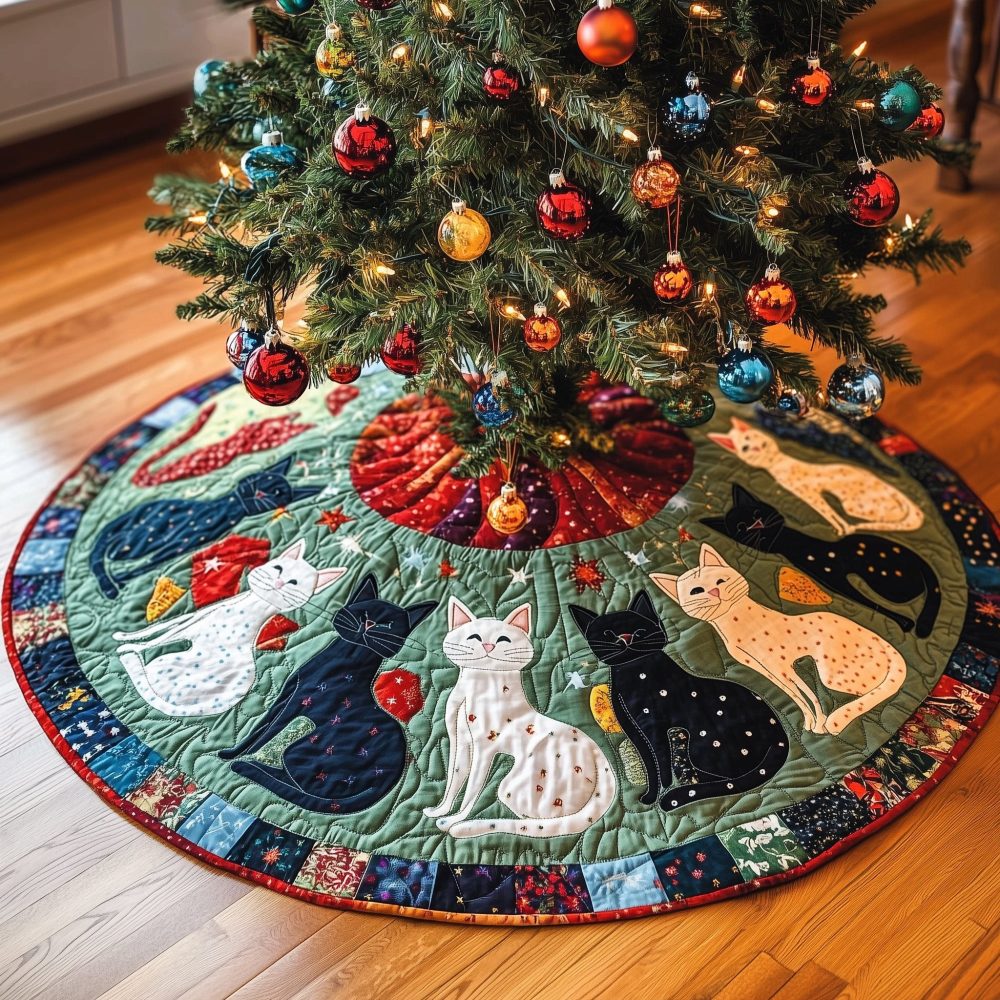 White Cat Amid Navy Patchwork Cats Tree Skirt — Made-To-Order Quilted Holiday Skirt For Cat Lovers, Stylish Navy And White Design