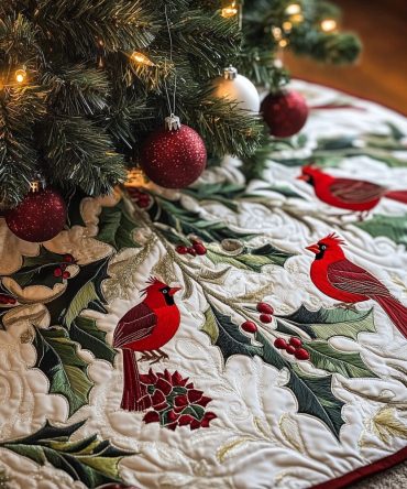 Cardinals With Holly On White Tree Skirt — Made-To-Order Classic Holiday Skirt Featuring Red Birds And Green Holly For Timeless Charm