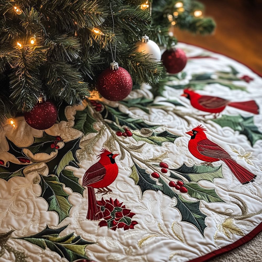 Cardinals With Holly On White Tree Skirt — Made-To-Order Classic Holiday Skirt Featuring Red Birds And Green Holly For Timeless Charm