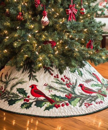 Cardinal On Pine Branch Tree Skirt — Made-To-Order Rustic Holiday Skirt With Natural Pine Motif, Handcrafted For Seasonal Warmth