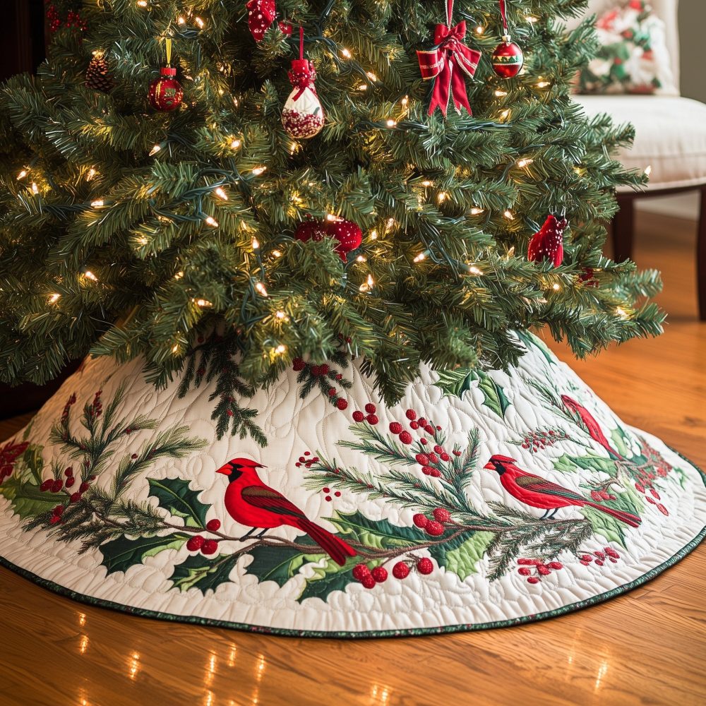 Cardinal On Pine Branch Tree Skirt — Made-To-Order Rustic Holiday Skirt With Natural Pine Motif, Handcrafted For Seasonal Warmth