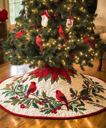 Red Scalloped Edge Cardinal Christmas Tree Skirt — Made-To-Order Festive Skirt With Decorative Scallop Trim And Classic Bird Motifs