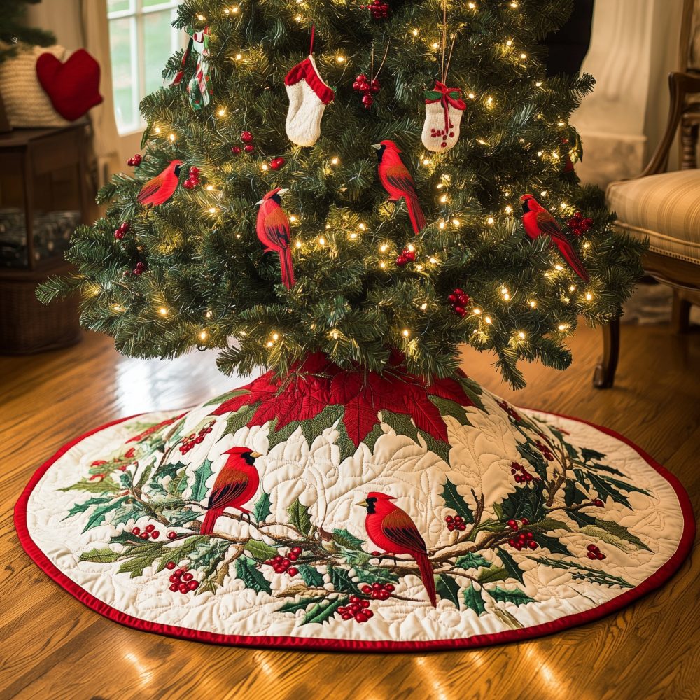 Red Scalloped Edge Cardinal Christmas Tree Skirt — Made-To-Order Festive Skirt With Decorative Scallop Trim And Classic Bird Motifs
