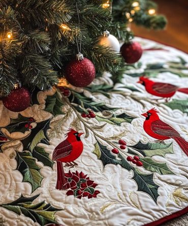 Cardinal Among Holly Leaves Tree Skirt — Custom Made-To-Order Holiday Skirt With Lush Greenery And Festive Bird Accents