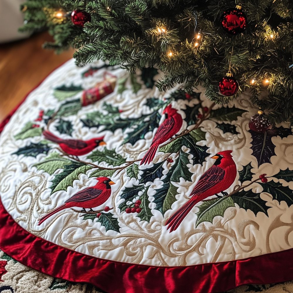 Crimson Rim Holly & Cardinal Tree Skirt — Made-To-Order Festive Skirt With Bold Red Border And Traditional Holiday Motifs