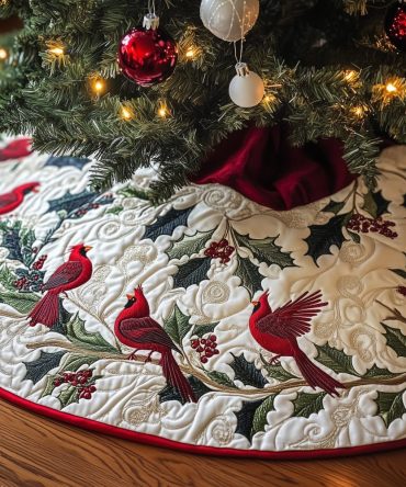 Cardinal Pair With Winter Berries Tree Skirt — Made-To-Order Seasonal Skirt Featuring Red Birds And Berries, Charming Holiday Home Accent