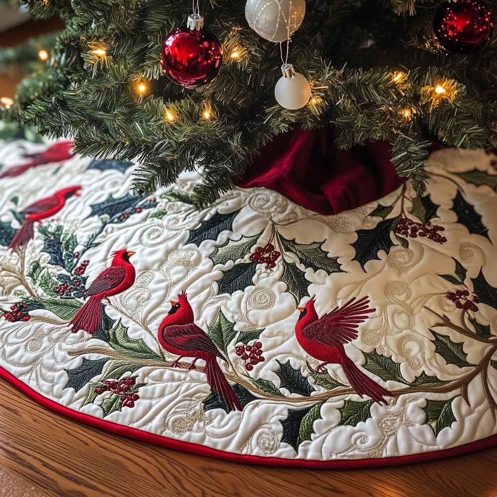 Cardinal Pair With Winter Berries Tree Skirt — Made-To-Order Seasonal Skirt Featuring Red Birds And Berries, Charming Holiday Home Accent
