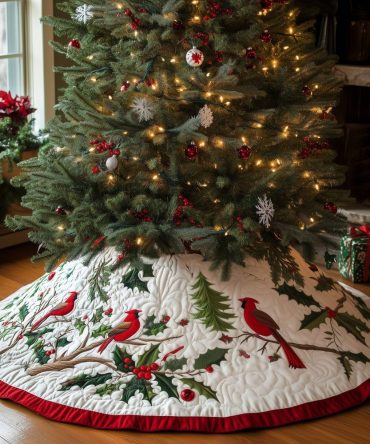 White Tree Skirt With Red Trim & Cardinal Motif — Made-To-Order Festive Holiday Skirt, High-Quality Fabric For Classic Christmas Styling