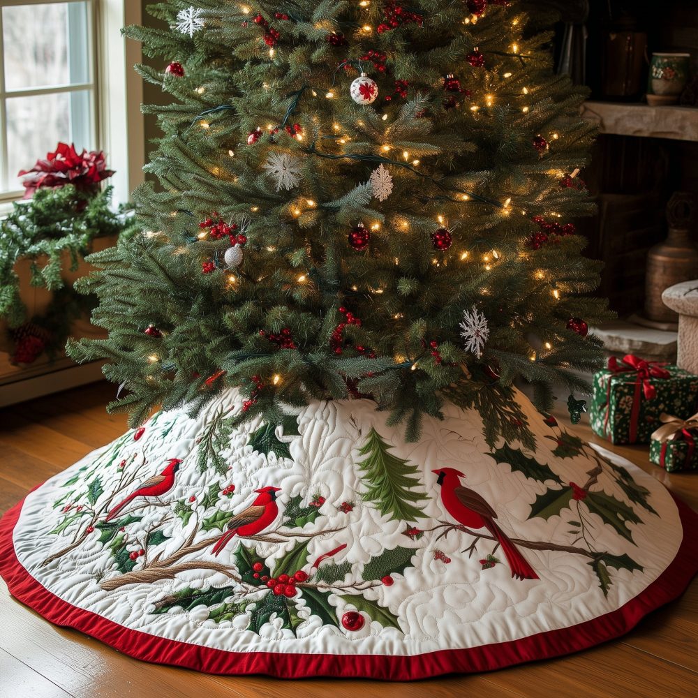White Tree Skirt With Red Trim & Cardinal Motif — Made-To-Order Festive Holiday Skirt, High-Quality Fabric For Classic Christmas Styling