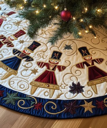 Ivory Marching Nutcrackers Tree Skirt — Custom-Made Classic Holiday Skirt With Marching Toy Soldier Motifs, Handcrafted