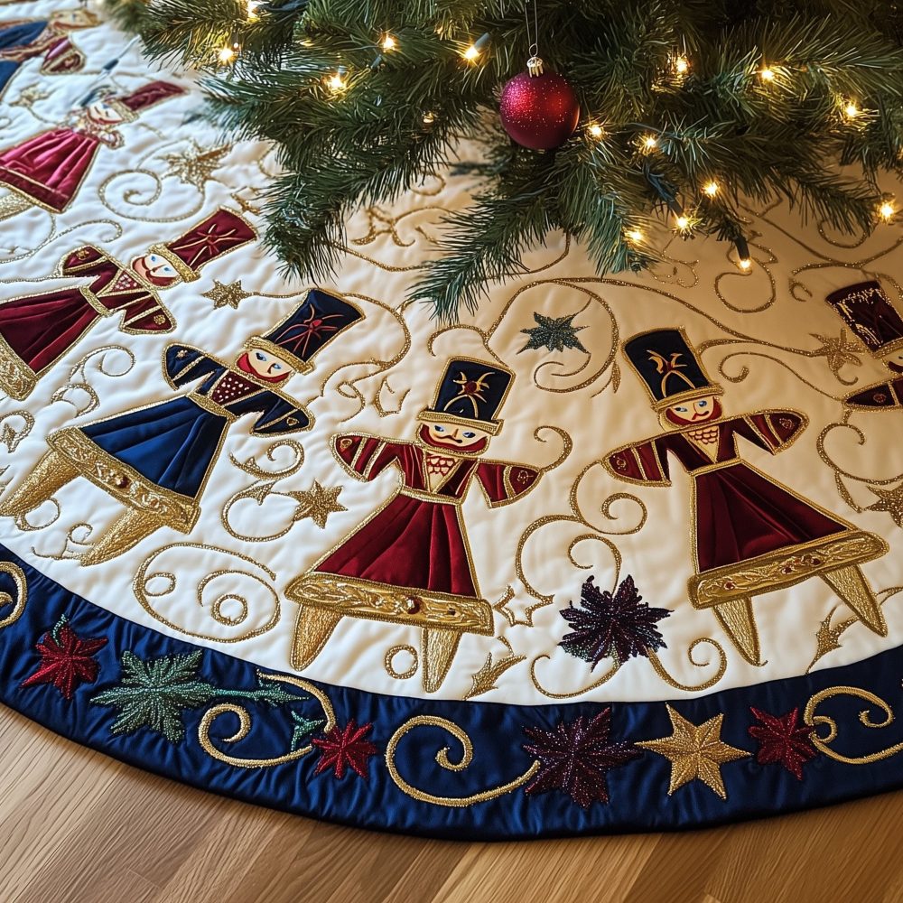 Ivory Marching Nutcrackers Tree Skirt — Custom-Made Classic Holiday Skirt With Marching Toy Soldier Motifs, Handcrafted