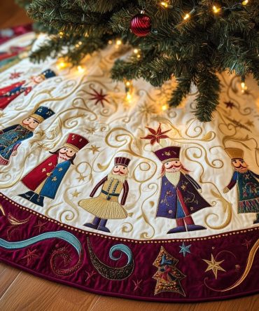 Cream Nutcracker Dancers Tree Skirt — Handcrafted Elegant Holiday Skirt With Dancing Nutcracker Motifs, Made-To-Order