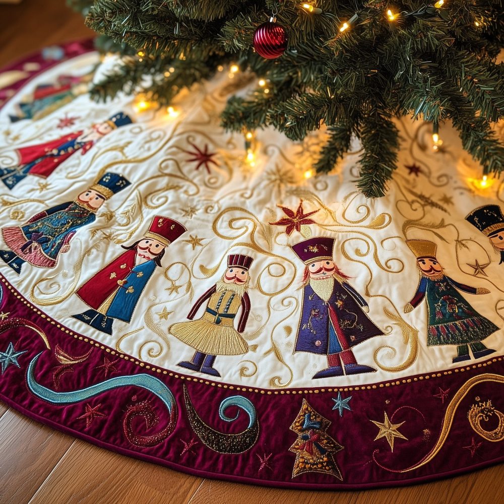 Cream Nutcracker Dancers Tree Skirt — Handcrafted Elegant Holiday Skirt With Dancing Nutcracker Motifs, Made-To-Order