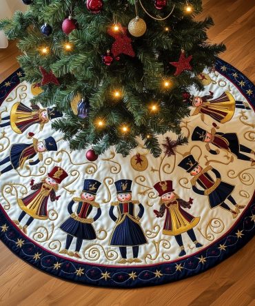Winter White Nutcracker Court Tree Skirt — Handcrafted Premium Christmas Skirt With Nutcracker Scene, Made-To-Order