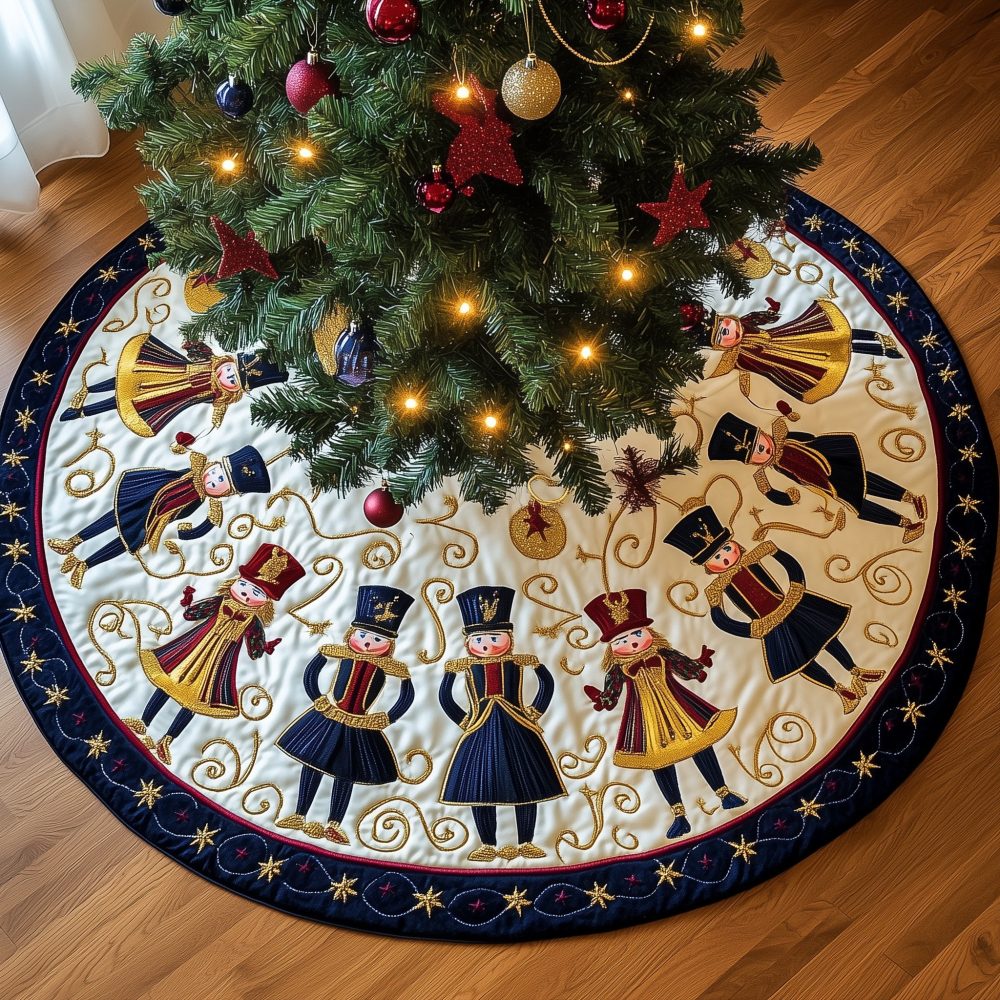 Winter White Nutcracker Court Tree Skirt — Handcrafted Premium Christmas Skirt With Nutcracker Scene, Made-To-Order