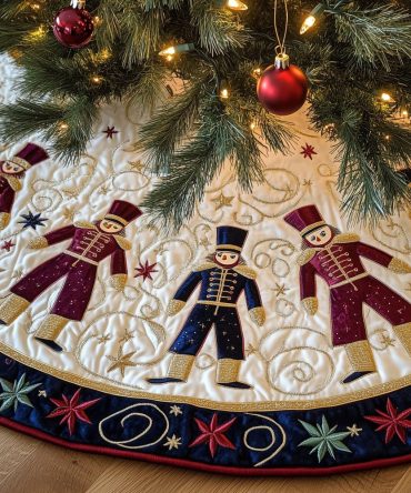 Navy Trim Nutcracker Ring Tree Skirt — Custom Christmas Collar With Nutcracker Band, Handcrafted Holiday Décor To Order
