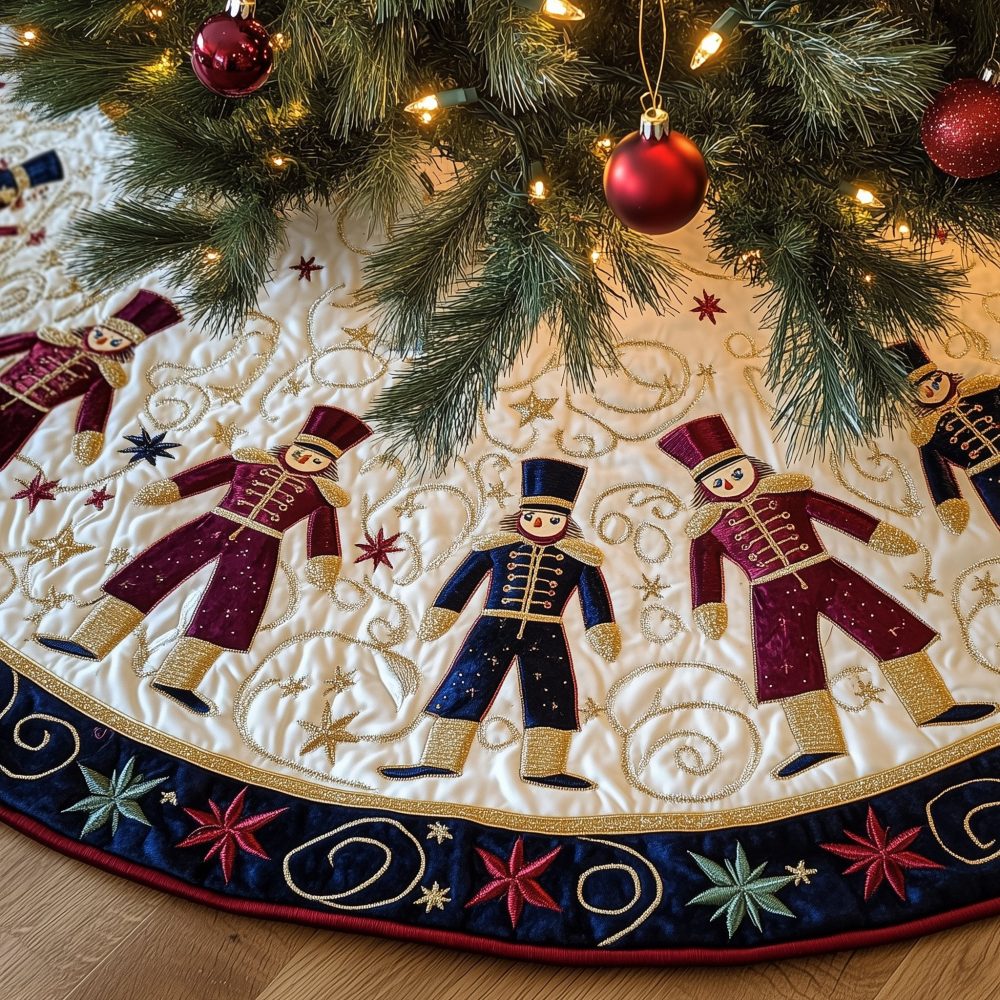 Navy Trim Nutcracker Ring Tree Skirt — Custom Christmas Collar With Nutcracker Band, Handcrafted Holiday Décor To Order