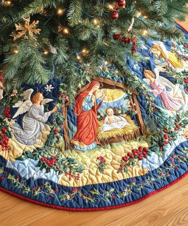 Navy Nativity Scene Christmas Tree Skirt With Angels — Handcrafted, Made-To-Order Premium Religious Skirt