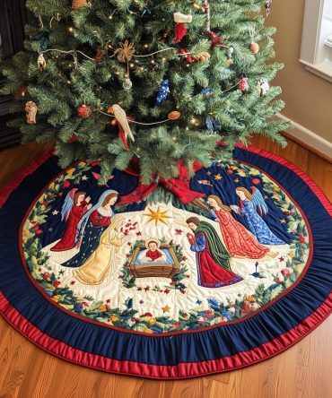 Cream Nativity Tree Skirt With Striped Border — Handmade Made-To-Order Elegant Religious Christmas Skirt