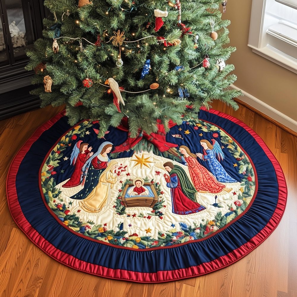 Cream Nativity Tree Skirt With Striped Border — Handmade Made-To-Order Elegant Religious Christmas Skirt