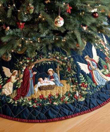 Holy Family Tree Skirt With Angel & Holly Accents — Handcrafted Made-To-Order Christmas Skirt For Faith-Based Homes