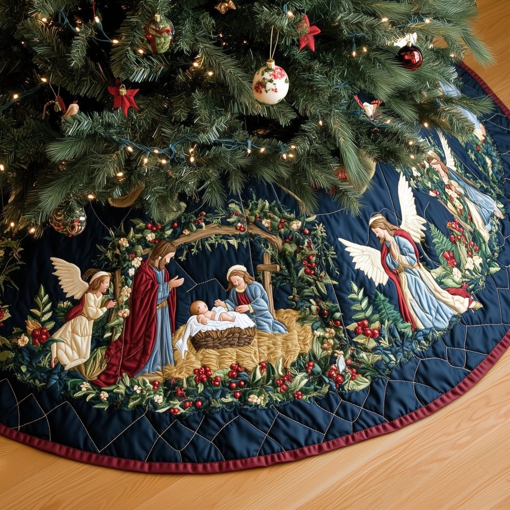 Holy Family Tree Skirt With Angel & Holly Accents — Handcrafted Made-To-Order Christmas Skirt For Faith-Based Homes
