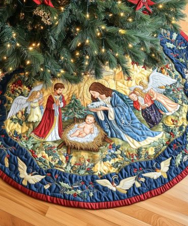 Nativity With Angels And Doves Christmas Tree Skirt — Handmade Made-To-Order Traditional Holiday Skirt
