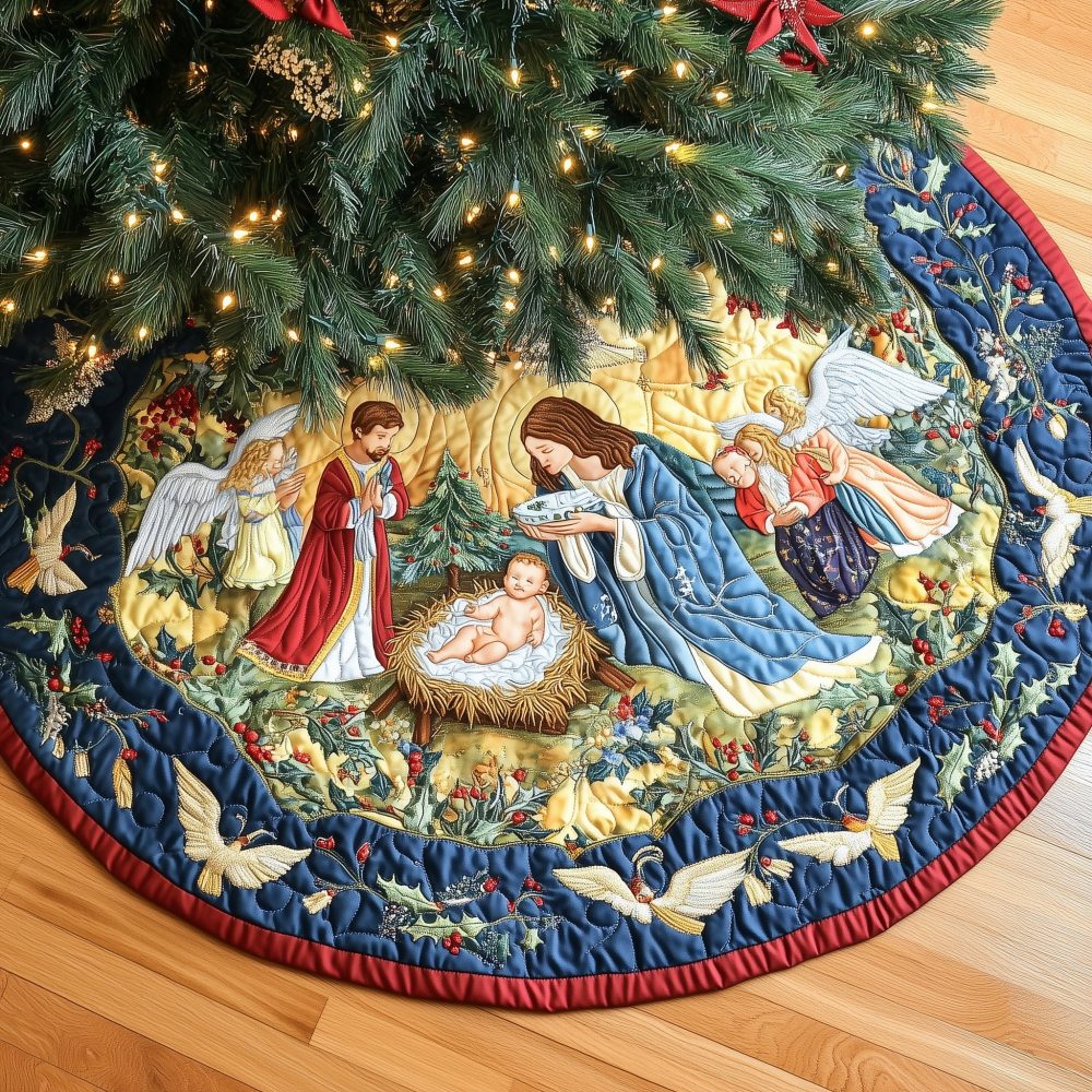 Nativity With Angels And Doves Christmas Tree Skirt — Handmade Made-To-Order Traditional Holiday Skirt