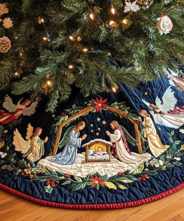 Deep Navy Nativity Christmas Tree Skirt With Angels — Handcrafted Made-To-Order Religious Holiday Decor
