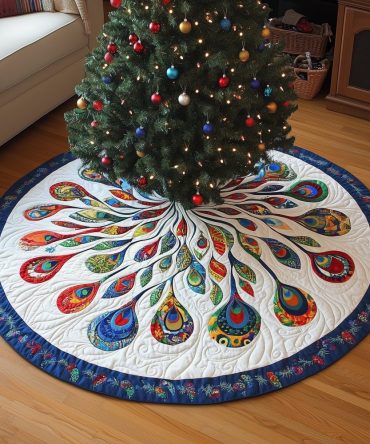 Multicolored Feather Christmas Tree Skirt With Blue Border — Handmade, Custom Made-To-Order Festive Skirt