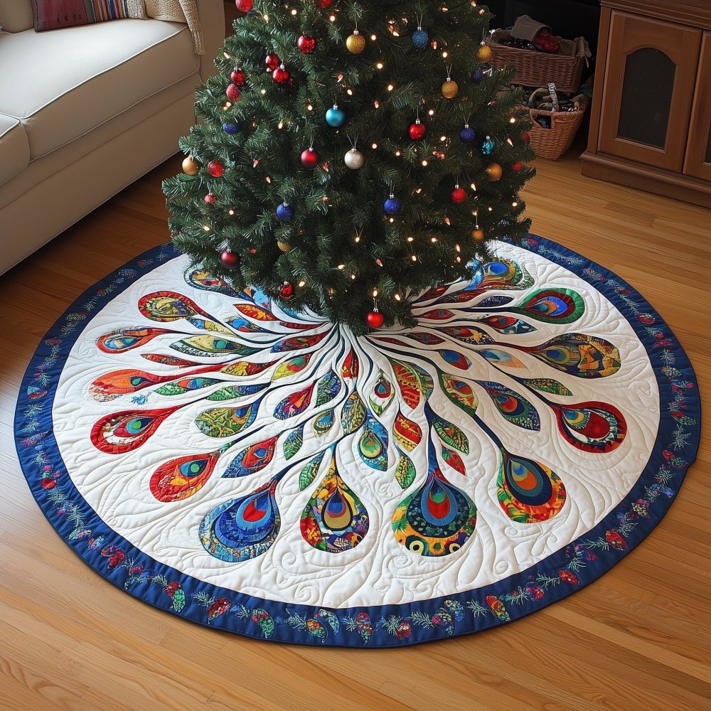 Multicolored Feather Christmas Tree Skirt With Blue Border — Handmade, Custom Made-To-Order Festive Skirt