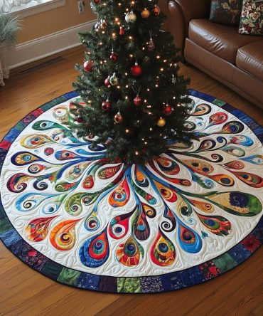 Handmade White Christmas Tree Skirt With Vibrant Rainbow Feather Rosette — Luxury Made-To-Order Holiday Accent