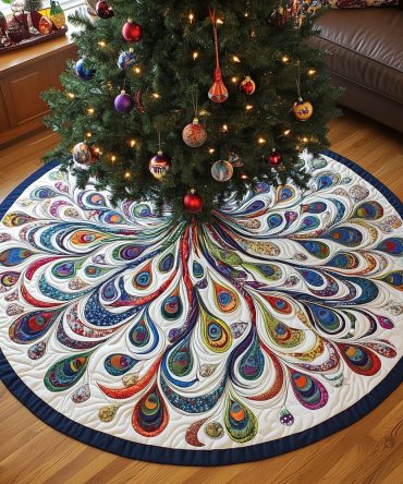 Red & Blue Feather Rosette Christmas Tree Skirt — Handcrafted Patriotic Holiday Skirt, Made-To-Order