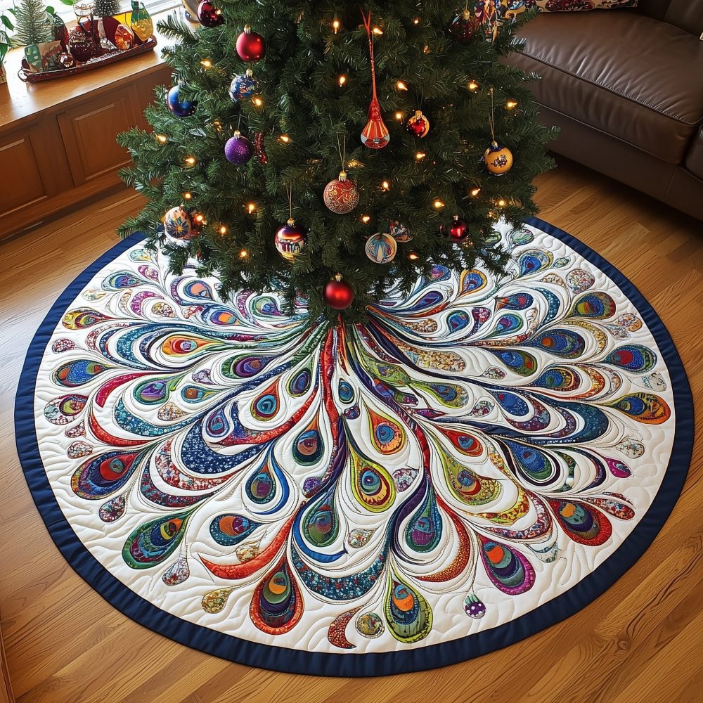 Red & Blue Feather Rosette Christmas Tree Skirt — Handcrafted Patriotic Holiday Skirt, Made-To-Order