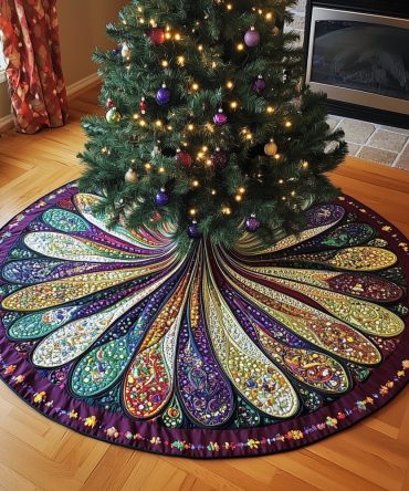 Violet Jewel Feather Spread Christmas Tree Skirt — Handcrafted Made-To-Order Luxury Holiday Skirt