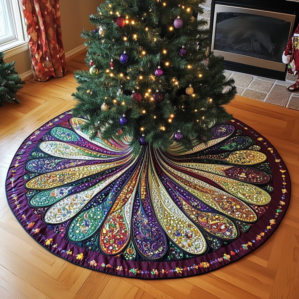 Violet Jewel Feather Spread Christmas Tree Skirt — Handcrafted Made-To-Order Luxury Holiday Skirt